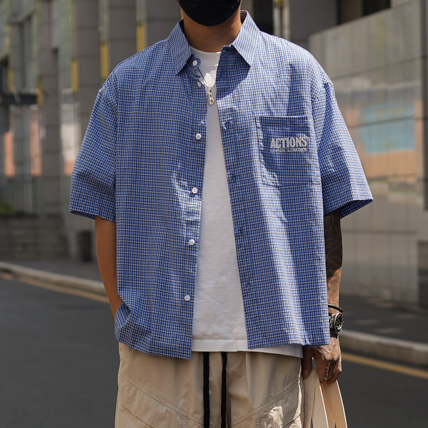 日系复古休闲格子短袖衬衫