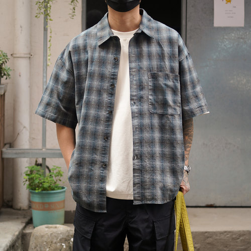 夏季复古格子宽松短袖衬衫