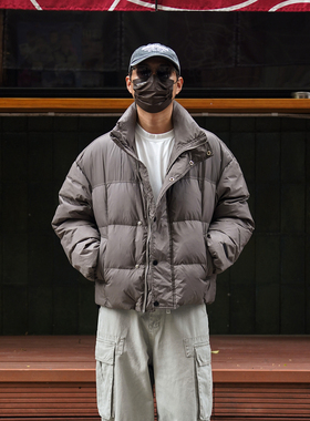 冬季新款日系复古廓形短款90白鸭绒羽绒服男立领灰色保暖百搭外套