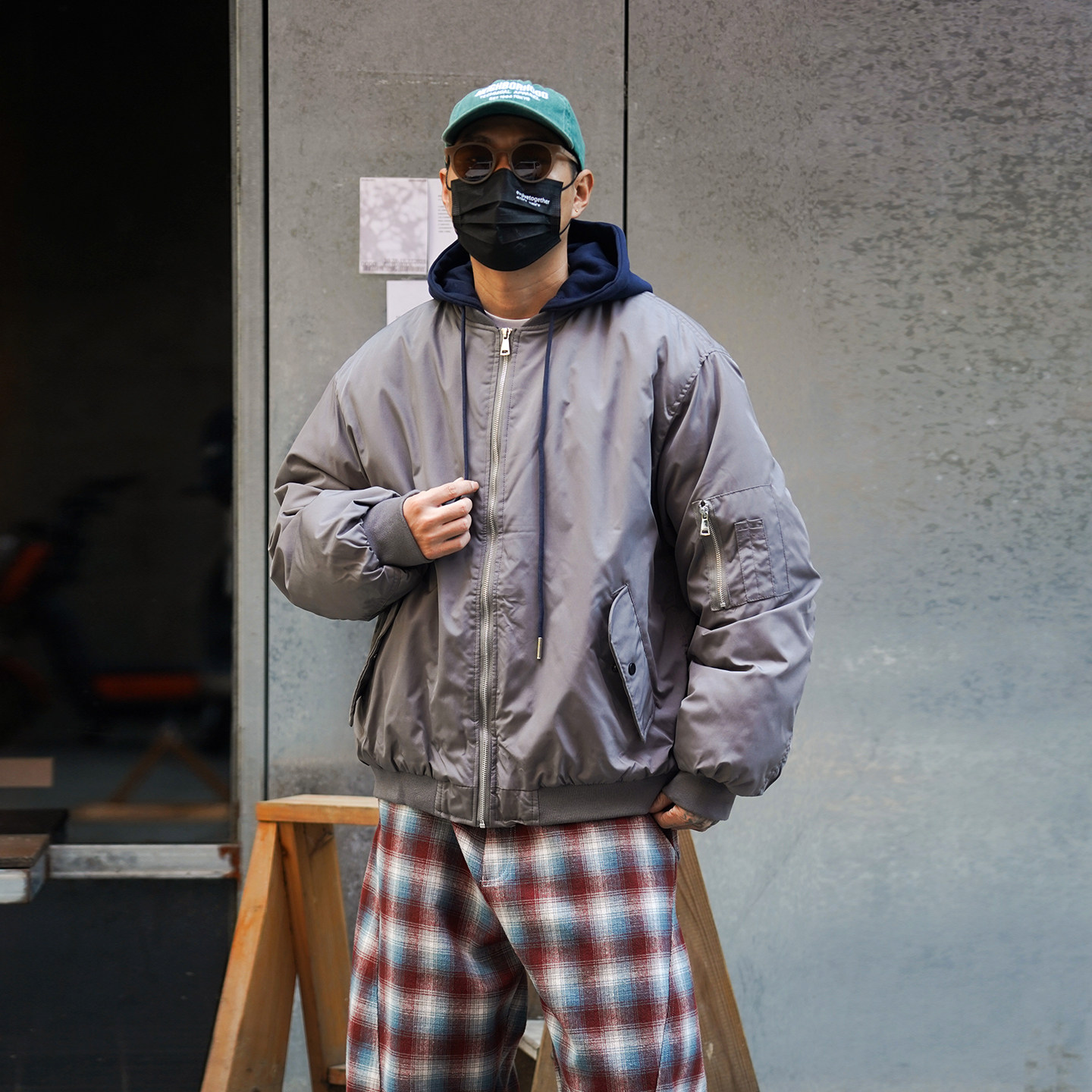 冬季美式复古假两件连帽加厚棉服