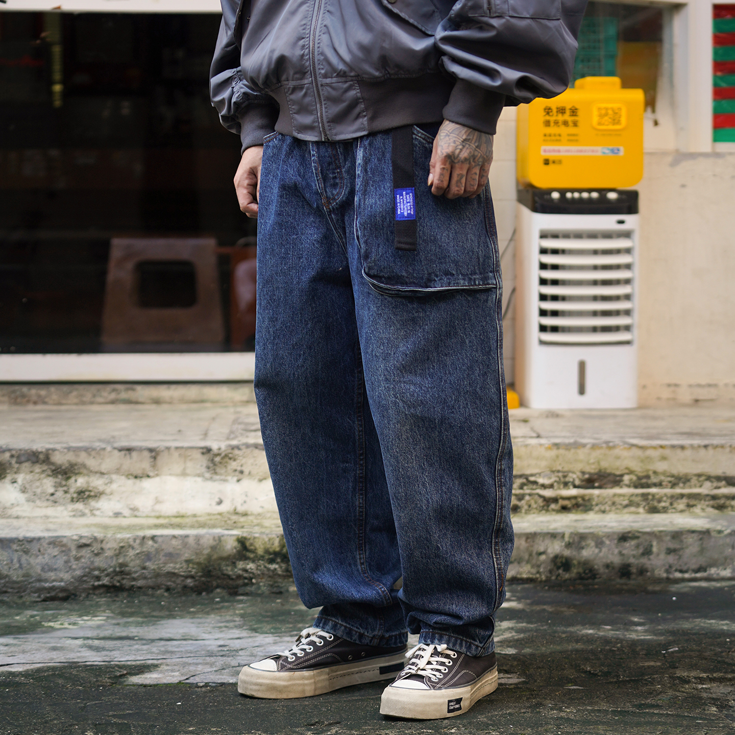 日系复古重磅水洗牛仔裤