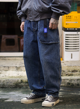 PROPCELL日系复古重磅水洗做旧立体口袋工装直筒裤牛仔裤秋冬长裤