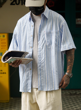 PROPCELL潮流Ctiyboy日系休闲风复古条纹短袖衬衫男纹理衬衣外套