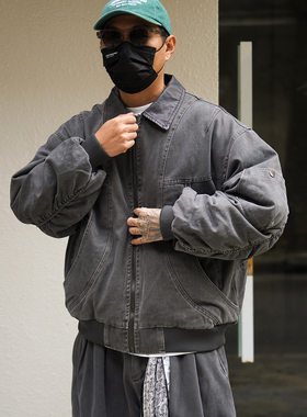 冬季水洗bomber夹克90白鸭绒美式复古翻领工装羽绒服宽松休闲外套