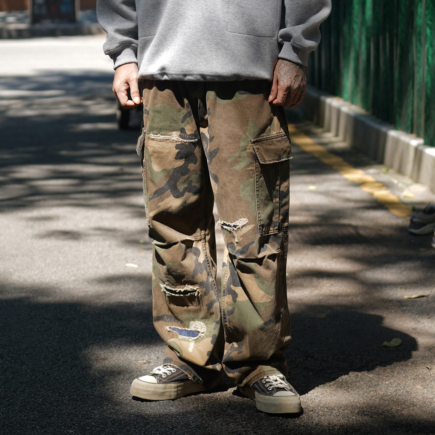 美式复古水洗迷彩口袋工装裤