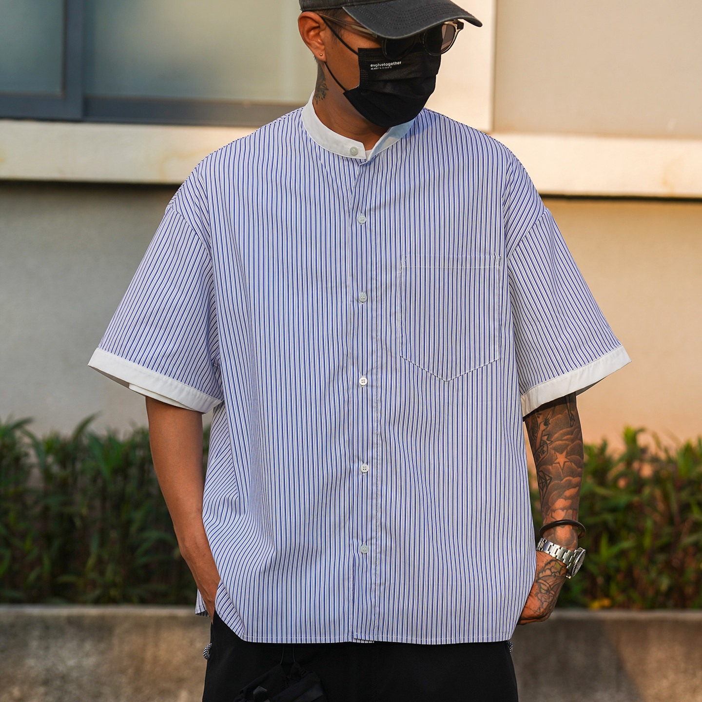 PROPCELL日系复古cityboy休闲拼色立领条纹短袖衬衫潮男夏季衬衣