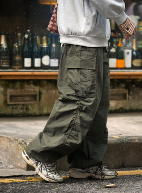 日系复古机能风工装口袋长裤子宽松直筒休闲Cityboy潮流弯刀裤男