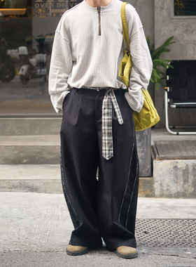 Propcell新款日系复古宽松直筒裤系带休闲裤阔腿弯刀裤老钱风长裤