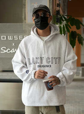 Propcell秋冬复古百搭加绒卫衣男女连帽宽松日系休闲印花外套潮流