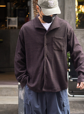 PROPCELL日系复古老钱风古巴领针织衬衫长袖宽松开衫衬衣休闲外套