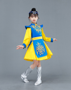 新款少数民族风蒙古舞蹈演出服儿童顶碗舞表演服装女鄂伦春族裙袍