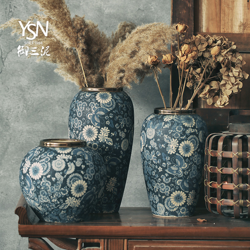 金口干花陶瓷养鲜花青花瓷花瓶欧式新中式花器景德镇台面古典摆件