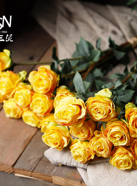 72cm御三泥摆件花艺花束vintage复古多洛塔黄玫瑰ins风仿真花假花
