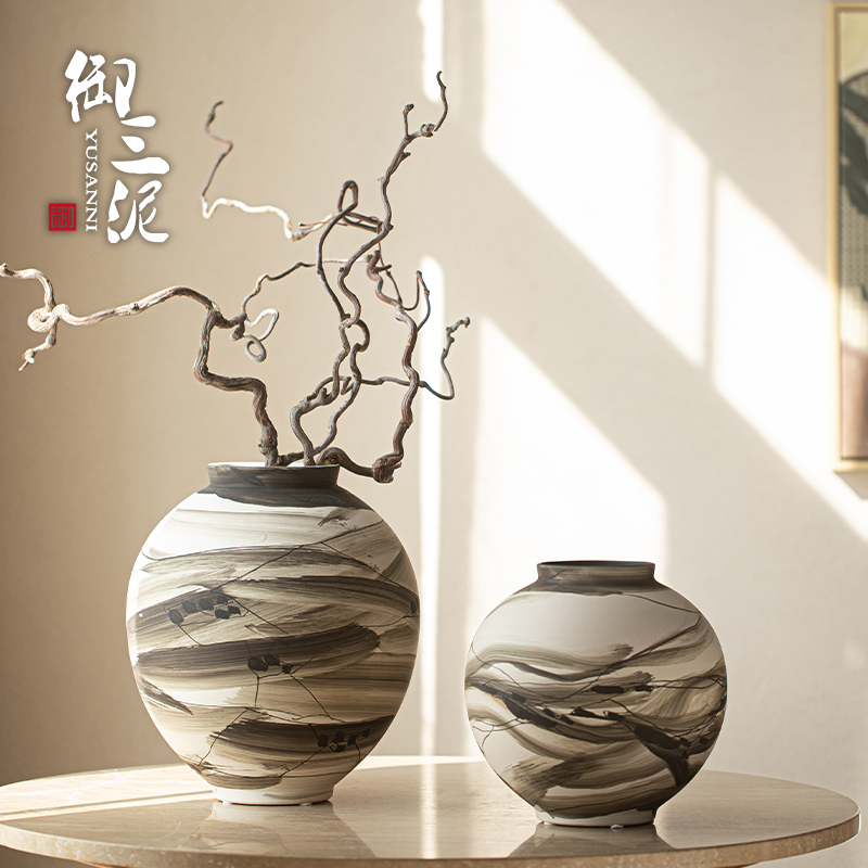 御三泥禅意风陶瓷花瓶客厅插花民宿酒店台面新中式干插花装饰摆件