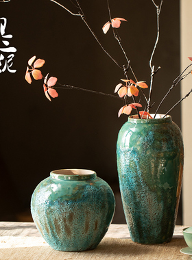 绿色翡翠绿陶瓷插花花瓶复古粗陶罐现代简约客厅可水培陶艺干花