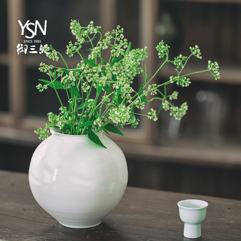 御三泥陶瓷侘寂花瓶复古月亮瓶白色陶艺摆件禅意插花干花民宿装饰