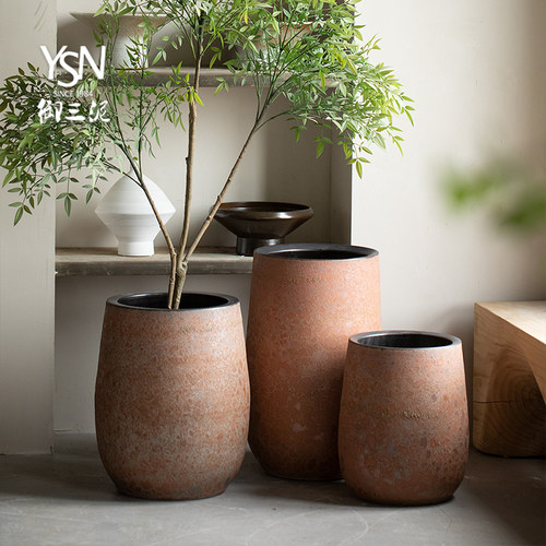 御三泥粗陶花盆装饰摆件