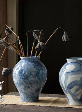 景德镇手绘青花养鲜花陶瓷大花瓶花器插花新中式复古田园客厅装饰