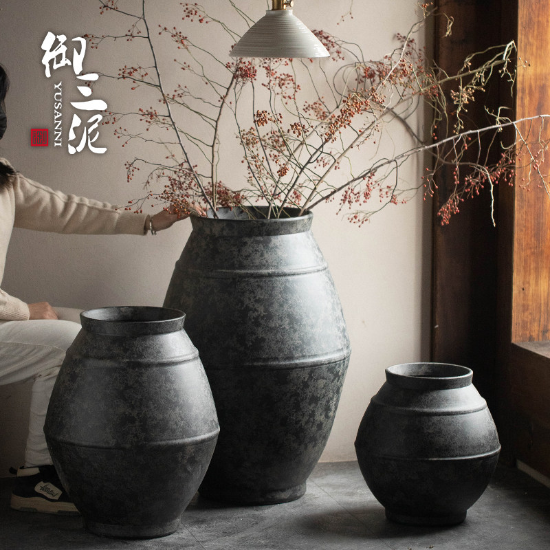 御三泥大花瓶黑色落地摆件创意客厅酒店民宿装饰高级感复古风陶罐