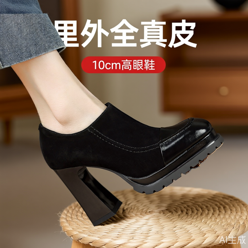 内外全皮10cm高跟鞋女春秋英伦风复古方头粗跟磨砂防水台通勤单鞋,女鞋,深口单鞋,淘宝优惠券,粉丝福利购,淘宝优惠卷