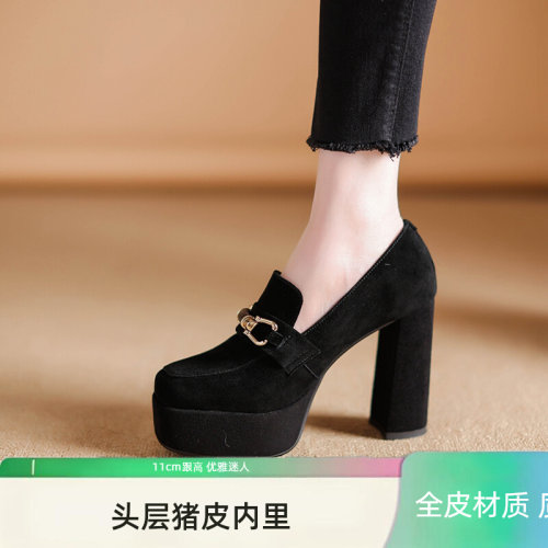 单鞋复古风金属里外全皮高跟鞋