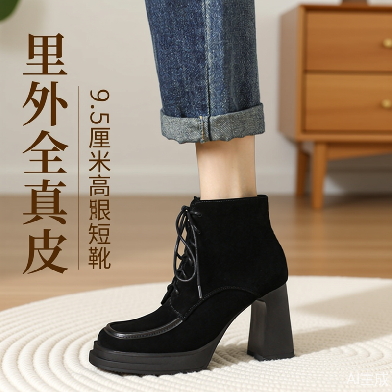 内外全皮方头系带粗跟短靴女春秋单靴冬季加绒防水台高跟磨砂矮靴