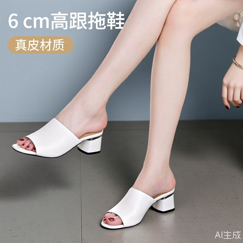 优雅女士中高跟拖鞋女夏外穿百搭粗跟方头大码凉拖时尚真皮一字拖