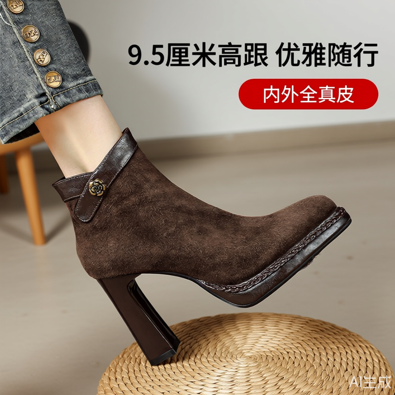 内外全皮磨砂短靴女春秋单靴真皮拼接粗跟高跟防水台矮靴冬季加绒