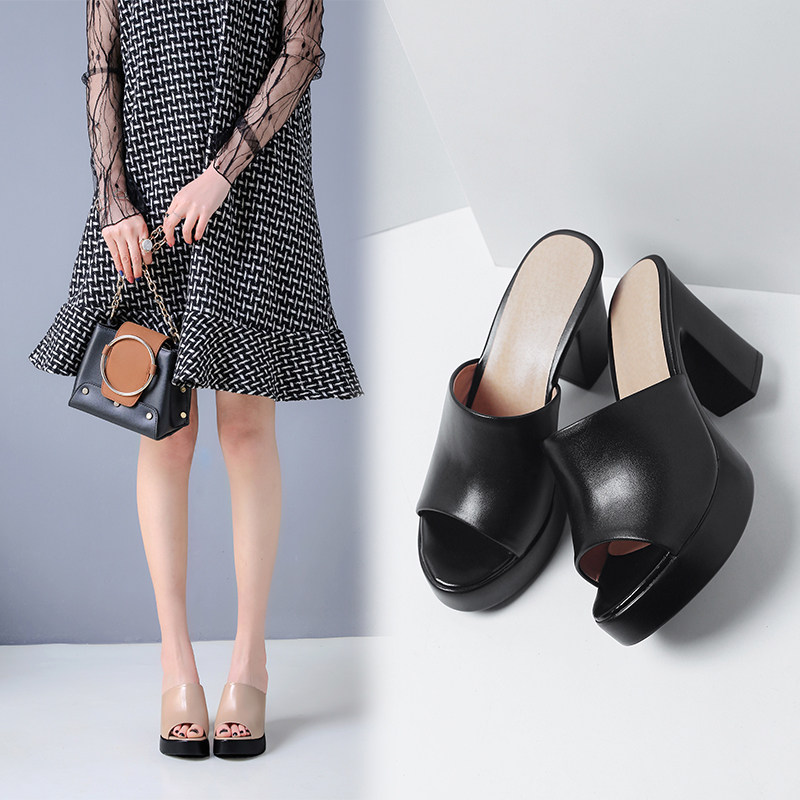 Korean Edition Nude color High-heeled Sandals Exorcism fashion With crude Word tow genuine leather Women's wear Dressing mom slipperin the Women's Shoes, slipper, Word tow category - from Buy2taobao.com to provide professional Taobao agent buy service
