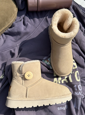 防水牛皮低筒雪地靴女冬季真皮纽扣短款加厚保暖女靴防滑短筒百搭