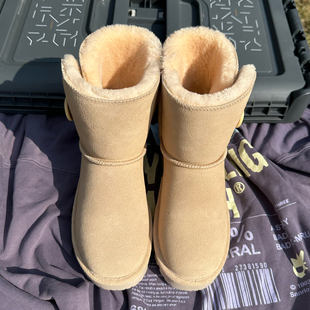 防水真皮中筒纽扣雪地靴女牛皮雪地棉鞋 加厚百搭短靴 防滑高帮冬季