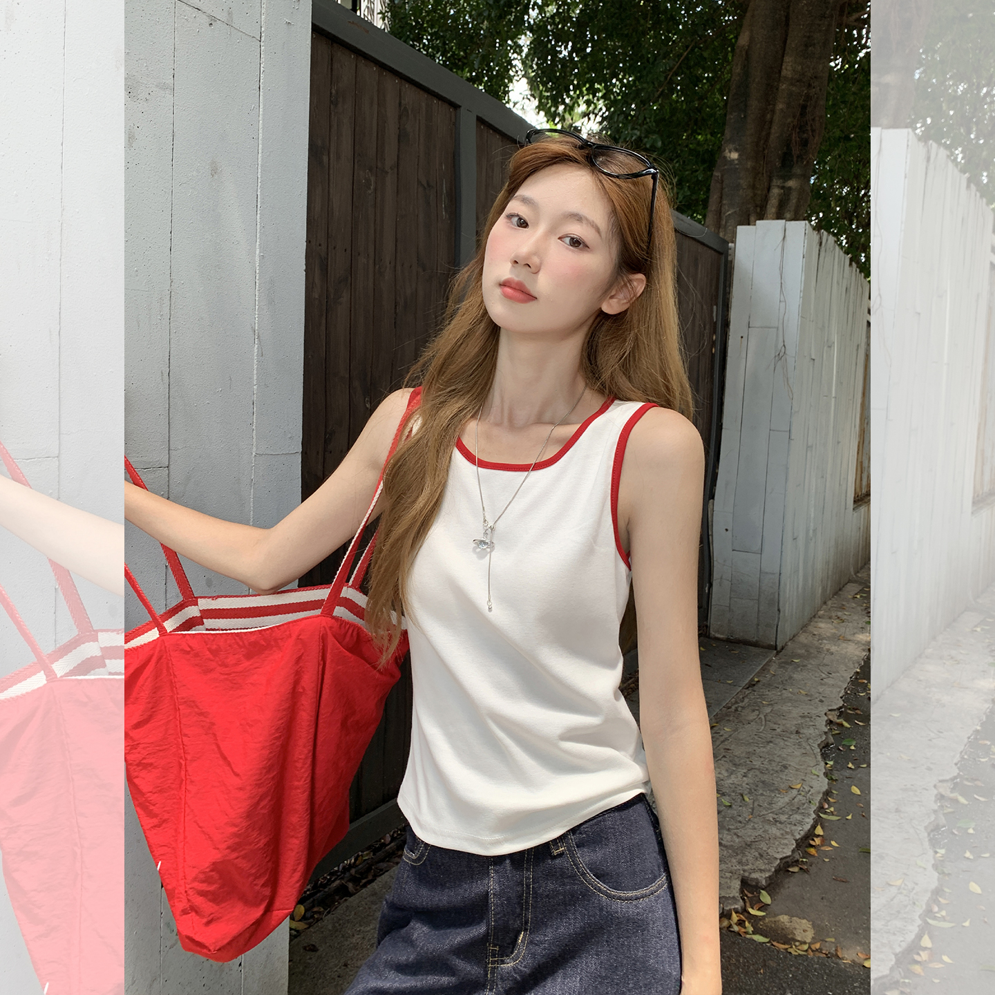 实拍实价韩系红白撞色拼接纯欲露背吊带背心女修身显瘦小上衣