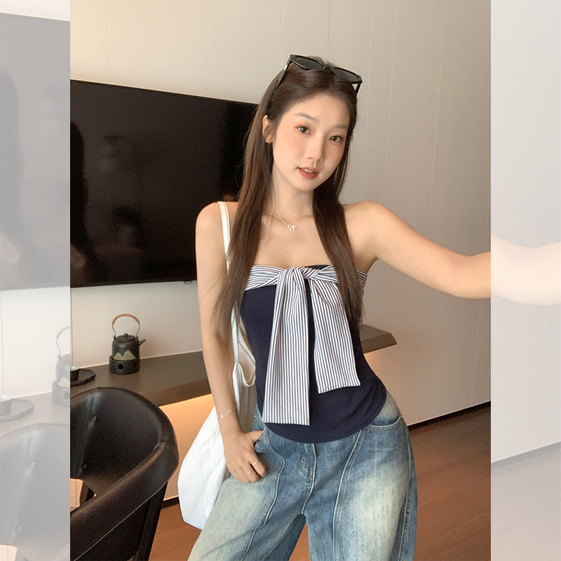实拍实价藏青露背条纹绑带背心女新款拼接设计抹胸防滑条上衣