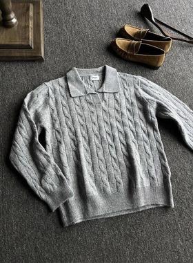 灰色麻花v领毛衣男冬季美式复古polo领针织衫慵懒松弛感长袖上衣