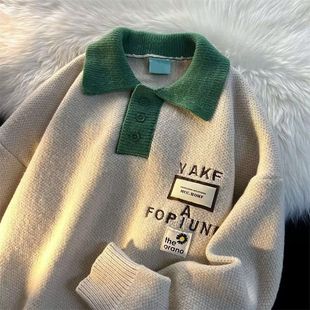 厂家直供国潮撞色刺绣polo领长袖针织上衣男情侣bf慵懒风秋冬毛衣