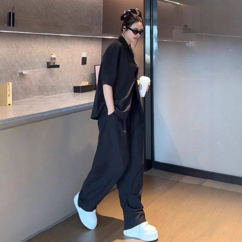 黑色冰丝速干裤子男女夏季薄款痞帅高级感垂感衬衫裤子套装两件套,男装,其他套装,淘宝优惠券,粉丝福利购,淘宝优惠卷