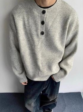 灰色美式复古亨利领毛衣男款冬季慵懒风高级感针织衫cleanfit外套