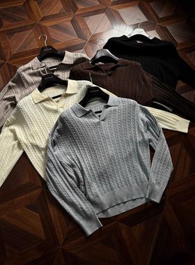 高知灰色绞花V领针织polo衫毛衣男秋冬新款老钱风高级感打底上衣