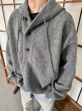 灰色连帽毛衣男秋冬慵懒风宽松针织衫复古cleanfit潮牌高级感外套