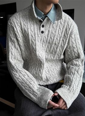 灰色绞花纹翻领针织POLO衫男款秋冬新款老钱风宽松毛衣内搭可外穿