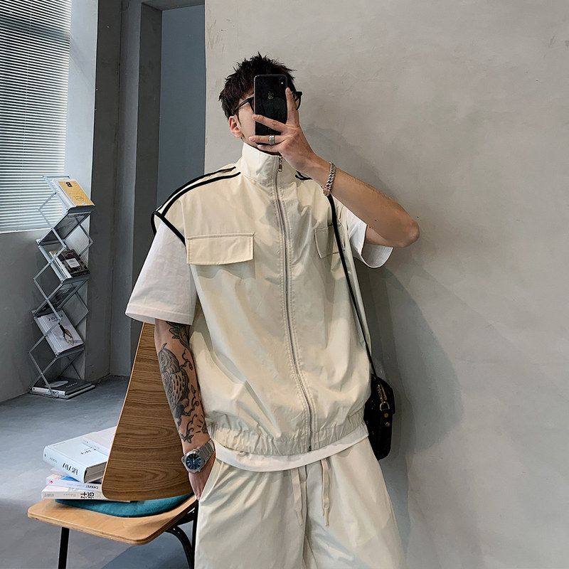 厂家直供 2023年撞色立领宽松无袖冲锋衣夹克马甲外套2件套装男潮,男装,其他套装,淘宝优惠券,粉丝福利购,淘宝优惠卷