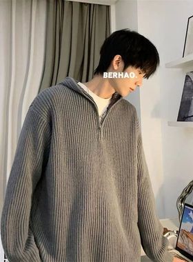 灰色cleanfit半拉链连帽毛衣男款慵懒风高级感痞帅美式针织衫外套