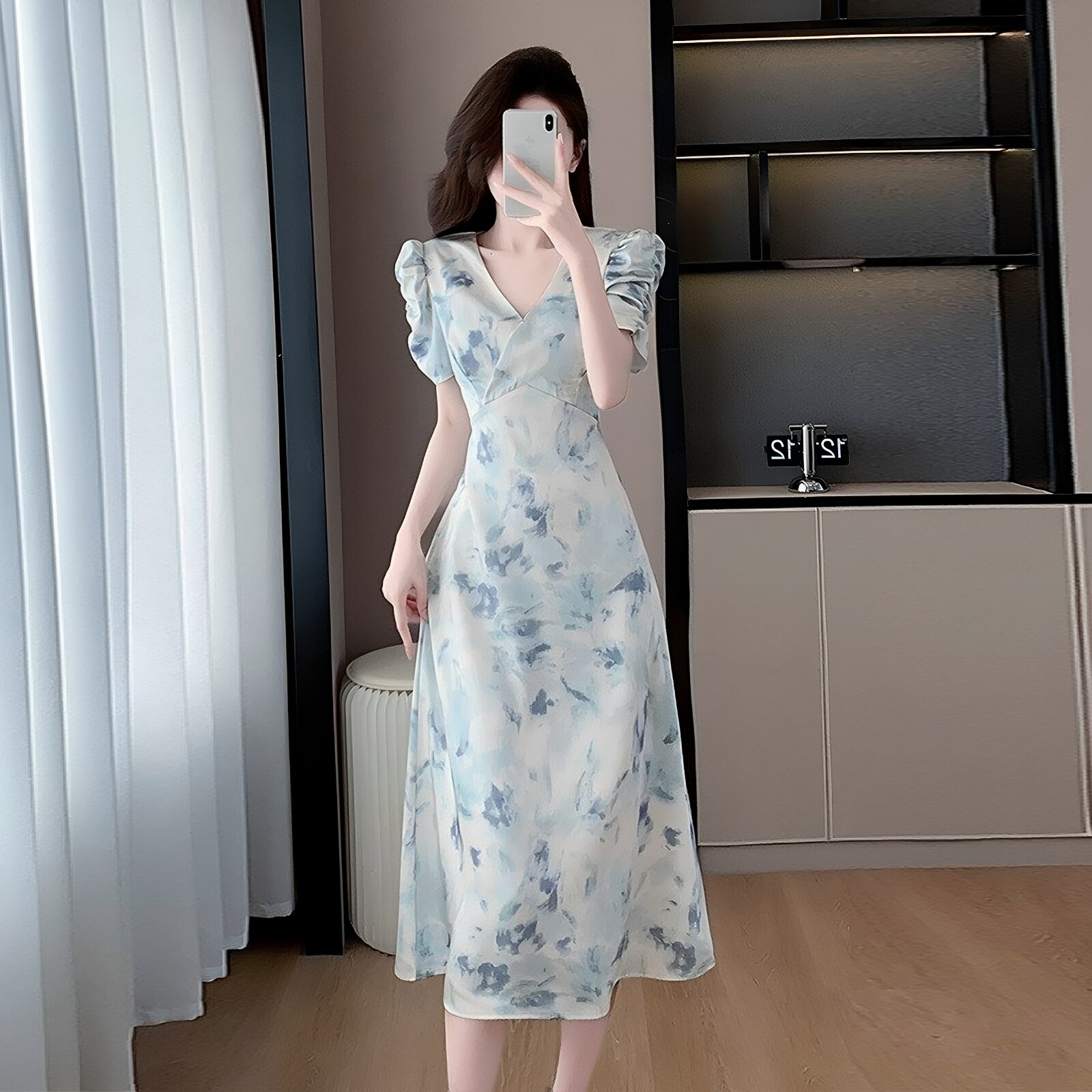 连衣裙梅子月夏季熟长裙泡泡袖字下白花色了领新款提花