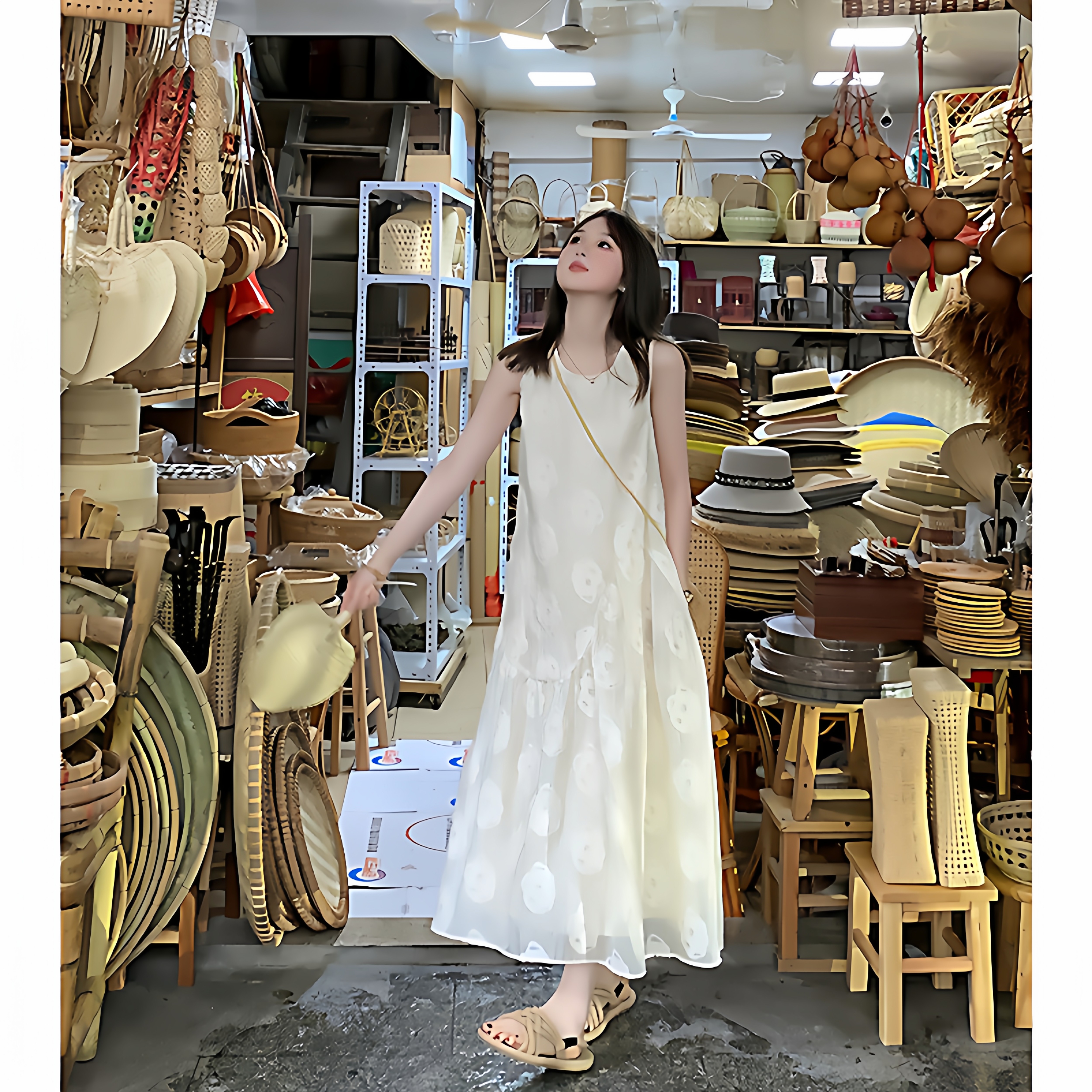 无袖女长款连衣裙夏季子印花新款背心裙中宽松甜美减龄显瘦小个子