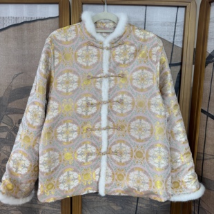 钱小萍宋锦金鱼戏莲棉服新中式 国风日常百搭手工盘扣水貂毛带钢印