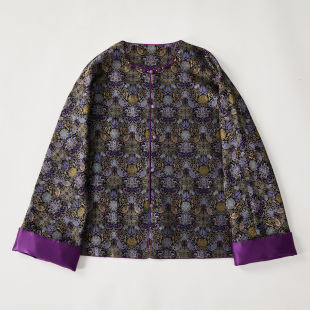 上久楷宋锦蕉叶莲纹锦圆领对襟款 国风日常手工盘扣带钢印 新中式