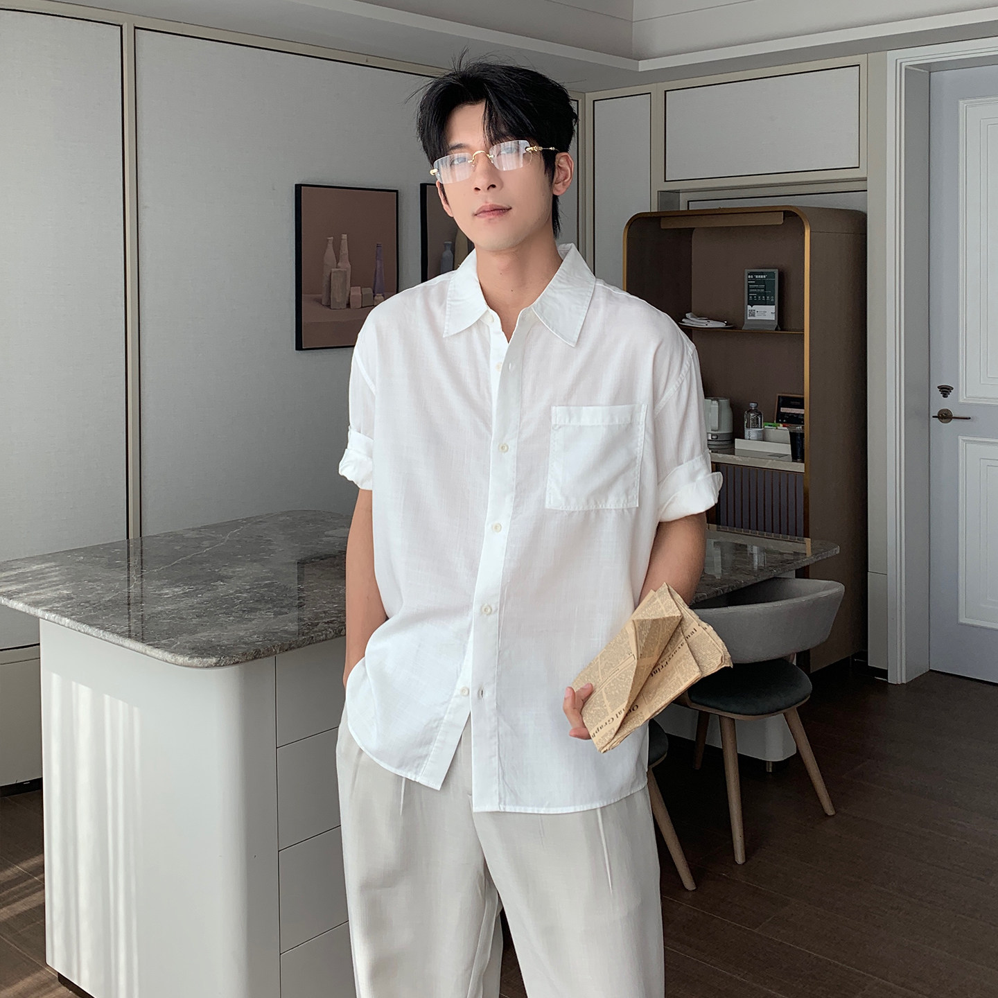 HLDS夏季凉感莱赛尔亚麻透气轻量纯色衬衫男款短袖薄款休闲衬衣男 - 实物图