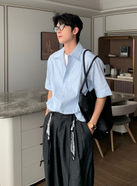 HLDS日系蓝色细条纹假两件衬衫男五分袖解构衬衣韩版休闲百搭上衣