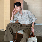 Hualun春秋蓝色超好看条纹古着衬衫 男宽松翻领休闲痞帅长袖 衬衣