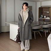 Hualun中长款 双面羊绒羊毛大衣男宽松加厚潮牌保暖连帽呢子外套